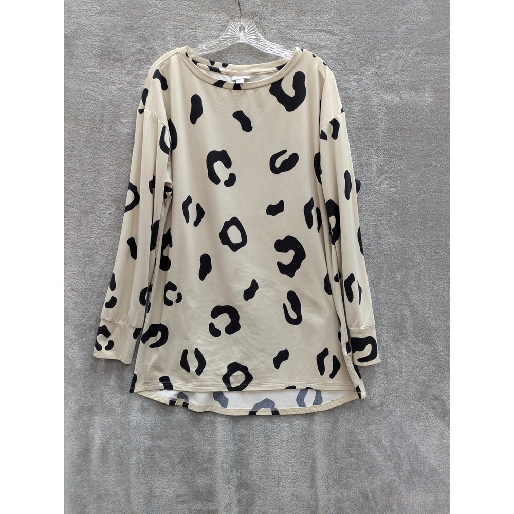 Boho Animal Print Tunic‎ Top Womens Large Long Sleeve Tan Black Leopard
